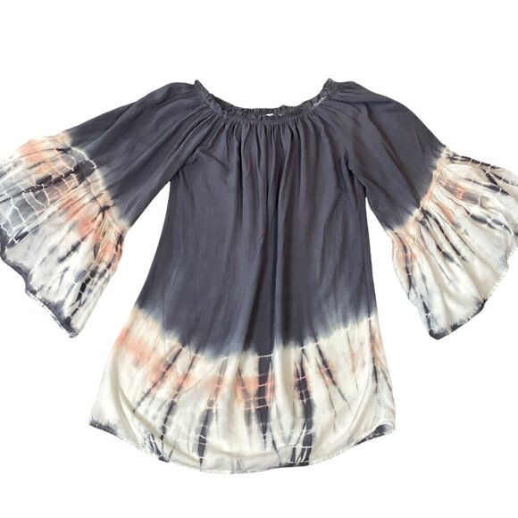 BLACK BEAD Tie Dye Off Shoulder BOHO Bell Sleeve Tunic Top/Mini Sz S #312L - Picture 1 of 7